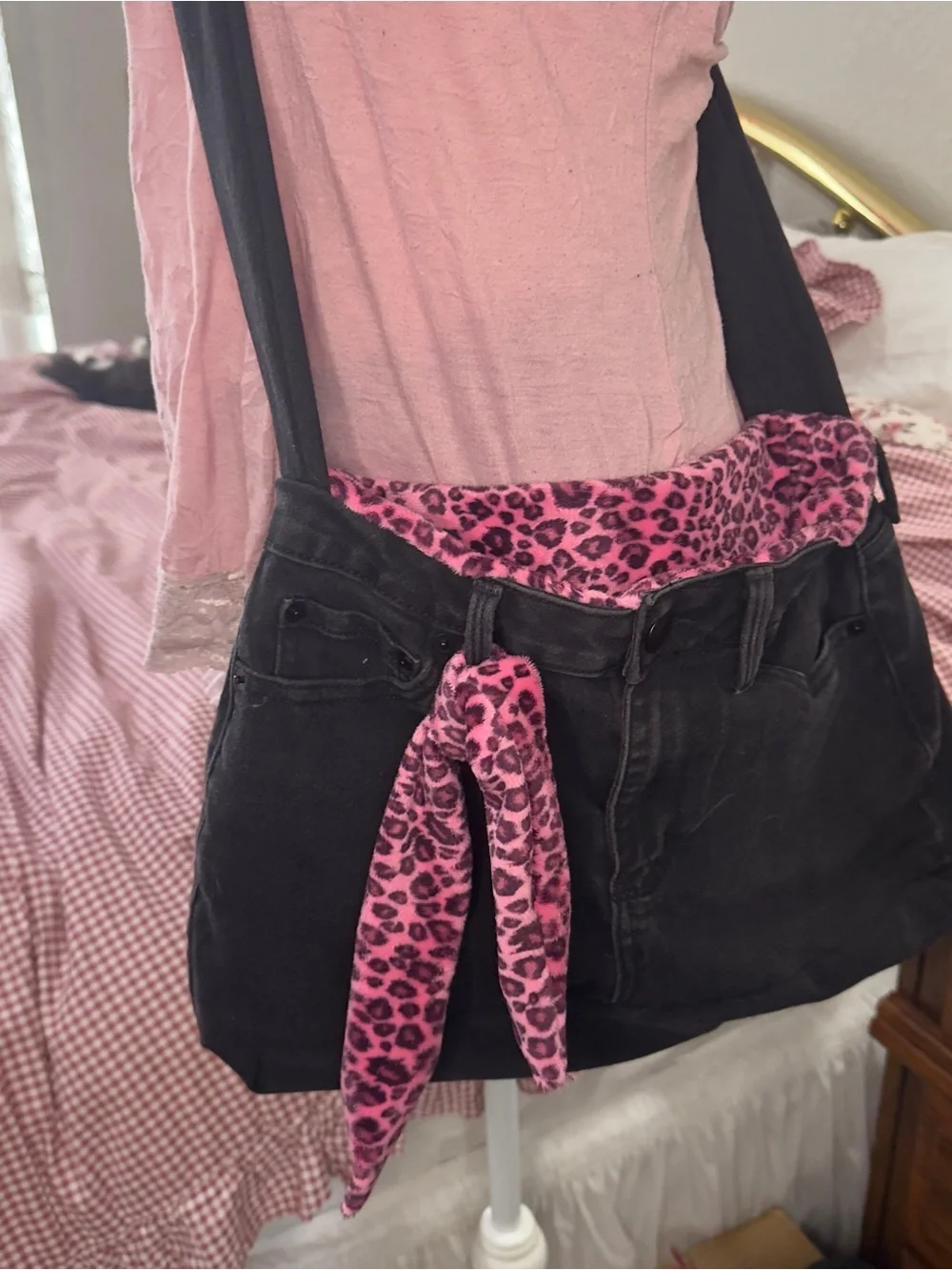 Black Canvas Crossbody Bag with Pink Leopard Accent - Women's Crossbody